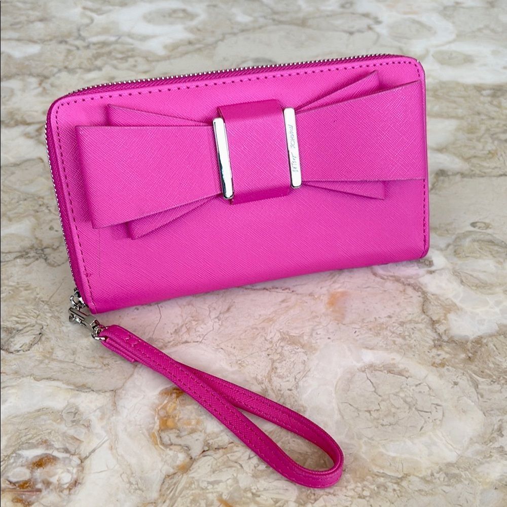 Betsey Johnson Fuchsia Big Bow Large Zip Around Wallet Wristlet